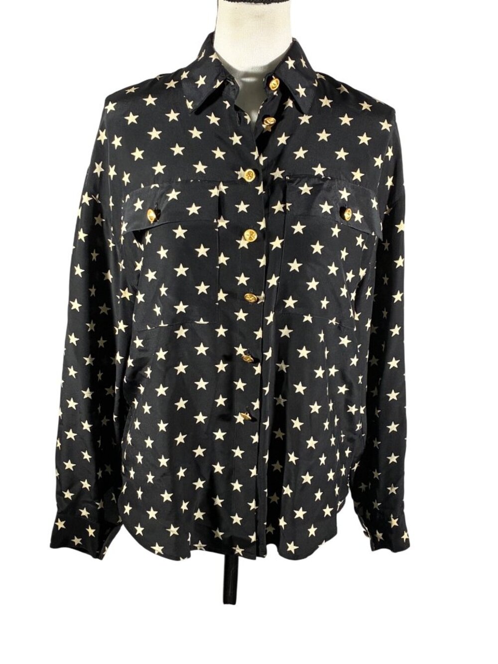 Vintage 100% Silk Star Print Button-Up Blouse Black Gold Buttons Si